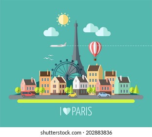 Flat design illustration - Eiffel tower in Paris, France