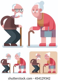 Flat design illustration of elderly couple in 3 color versions.