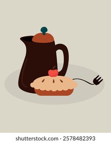  Flat Design Illustration with Electro Kettle and Apple Pie