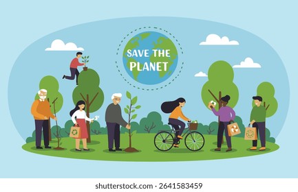 Flat design illustration of environmental activities of tree planting, recycling and World Environment Day celebration. Ideal for environmental campaigns, educational materials and CSR initiatives