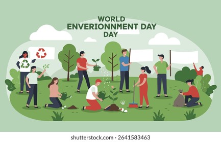 Flat design illustration of environmental activities of tree planting, recycling and World Environment Day celebration. Ideal for environmental campaigns, educational materials and CSR initiatives