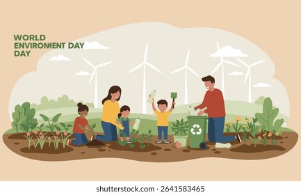 Flat design illustration of environmental activities of tree planting, recycling and World Environment Day celebration. Ideal for environmental campaigns, educational materials and CSR initiatives