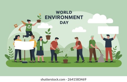 Flat design illustration of environmental activities of tree planting, recycling and World Environment Day celebration. Ideal for environmental campaigns, educational materials and CSR initiatives