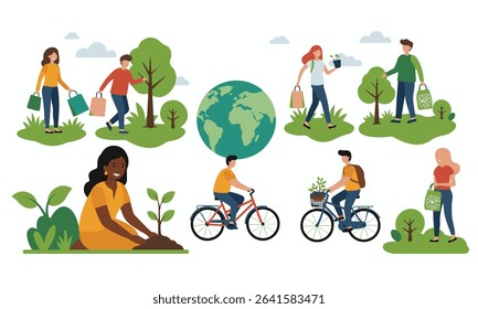 Flat design illustration of environmental activities of tree planting, recycling and World Environment Day celebration. Ideal for environmental campaigns, educational materials and CSR initiatives