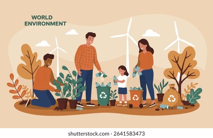 Flat design illustration of environmental activities of tree planting, recycling and World Environment Day celebration. Ideal for environmental campaigns, educational materials and CSR initiatives