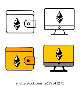 Ilustração de desenho plano de moedas de Ethereum (ETH) e conexões de rede blockchain. Perfeito para a visualização de sistemas descentralizados, contratos inteligentes, tecnologia web3, inovações fintech e digital
