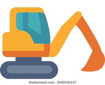 A flat design illustration of an excavator construction vehicle. This vector icon is ideal for construction, heavy machinery, building industry, or industrial-themed designs. Clean and modern style su