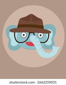 Flat Design Illustration Face Elephane Character Wearing a Hat