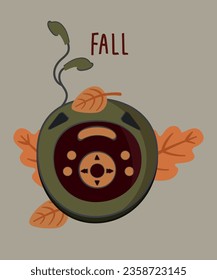Flat Design Illustration with Fall CD Player and Leaves
