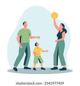 Flat Design Illustration of a Family Playing Together, Parents and Child Engaged in Outdoor Activity with a Ball. Vector Art Representing Family Bonding, Recreation, and Healthy Lifestyle