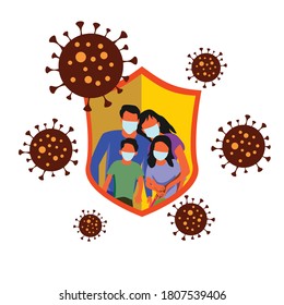 flat design illustration family wear mask in shield to prevent virus