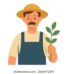 Ilustración de diseño plano de un agricultor sosteniendo hojas verdes frescas, que representan la agricultura, la naturaleza y el estilo de vida agrícola sostenible.