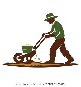 Flat design illustration of a farmer planting seeds using a manual seeder machine in a cultivated agricultural field. Rural farming scene representing traditional agriculture, crop production, sustainable cultivation, and small scale agribusiness. Ideal for farming websites, agricultural education materials, organic food branding, rural development campaigns, and agritech presentations.

