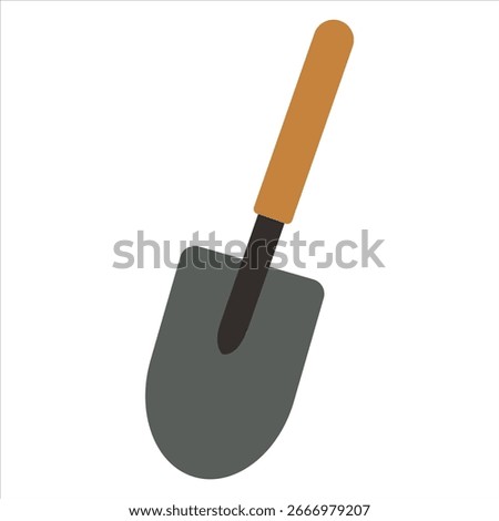 Flat design illustration of farming tools including machete, shovel, wheelbarrow, water bucket, pitchfork, axe, and hammer for agriculture and gardening.