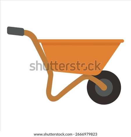 Flat design illustration of farming tools including machete, shovel, wheelbarrow, water bucket, pitchfork, axe, and hammer for agriculture and gardening.