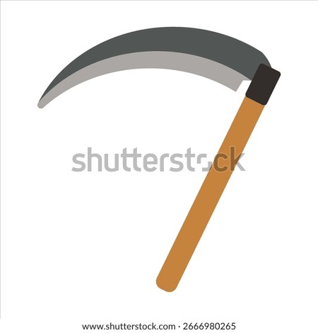 Flat design illustration of farming tools including machete, shovel, wheelbarrow, water bucket, pitchfork, axe, and hammer for agriculture and gardening.