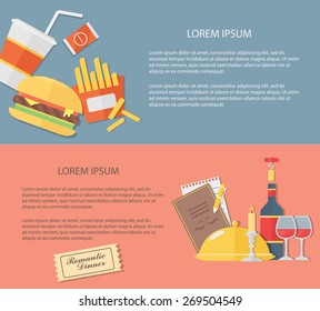 Flat design illustration fast food and restaurant dinner. Concepts web banner.
