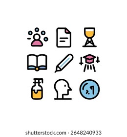 Flat design illustration features abstract icons floating on a White Background. Minimalist style and cheerful color palette. Suitable for presentations and digital media.