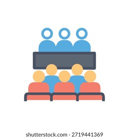 Ilustração de design plano com um público em uma sala de conferências. A imagem é composta de formas geométricas simples e cores básicas.