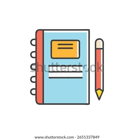 Flat design illustration featuring a blue notebook and red pencil on black backdrop. Ideal for school and office concepts.