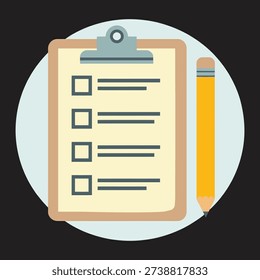 A flat design illustration featuring a brown clipboard holding a white paper with four empty checkboxes and lines, accompanied by a yellow pencil, symbolizing tasks, organization, and planning.