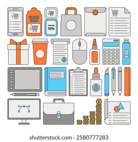 A flat design illustration featuring business, finance, and design tools, including office supplies, shopping elements, digital devices, and financial icons. Perfect for business and creative projects