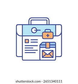 Ilustração de design plano com maleta de negócios, incluindo kit médico e documentos. Estilo moderno e limpo com contorno arrojado e elementos minimalistas.
