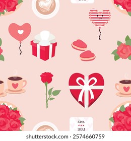 A flat design illustration featuring a collection of Valentine's Day elements, including heart-shaped gift boxes, roses, coffee cups with heart foam, balloons, and romantic messages.