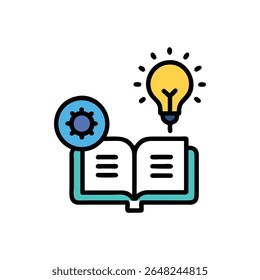 Una ilustración de diseño plano con un engranaje que se conecta a una bombilla, que transmite la implementación de la idea, el desarrollo de Planes brillantes y la solución de problemas.