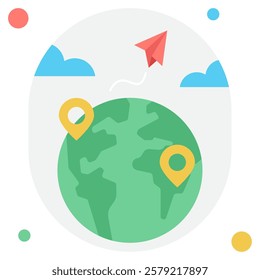 Flat design illustration featuring a globe with location pins and a paper airplane, perfect for travel and adventure themes.