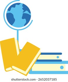 Eine flache Designgrafik mit einem Globus und Büchern, die globale Bildung und akademisches Lernen in einem minimalistischen Stil symbolisiert.