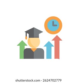 Flat design illustration featuring a graduate with arrows pointing upwards, alongside a clock icon. White Background provides contrast.