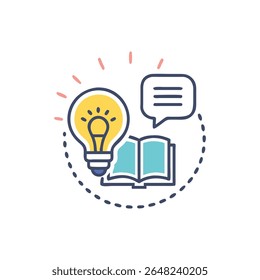Flat design illustration featuring a light bulb, open book, and speech bubble. Represents knowledge, idea generation, and communication on black backdrop.