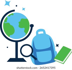 A flat design illustration featuring a magnifying glass and a book, symbolizing research, study, and the exploration of knowledge in an academic setting.