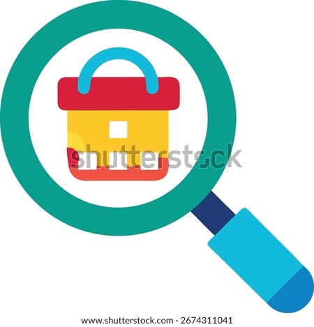 A flat design illustration featuring a magnifying glass examining a shopping bag icon, representing online shopping, retail search, and consumer choices. Isolated on a white background for easy integr