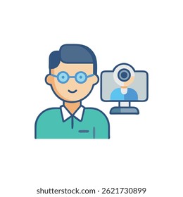 Flat design illustration featuring a man on a video conference call, showcasing remote communication and modern technology.