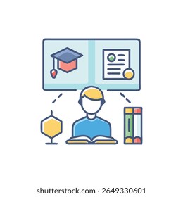 Flat design illustration featuring a student with books and graduation icons, signifying academic learning and future success.