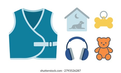 A flat design illustration featuring a teal pet vest, a dog house, a bone-shaped dog tag, blue headphones, and a teddy bear.
