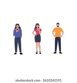 A flat design illustration featuring three people two women and one man each holding a smartphone.