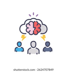 Ilustración de diseño plano con tres personas conectadas a una nube cerebral que simboliza la lluvia de ideas colaborativa y las ideas compartidas en colores vibrantes.