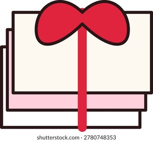 A flat design illustration featuring three envelopes in white and pink shades secured by a red vertical ribbon and bow.