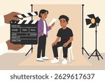 A flat design illustration featuring two young men in a photo studio setting