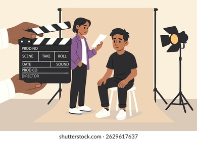 A flat design illustration featuring two young men in a photo studio setting