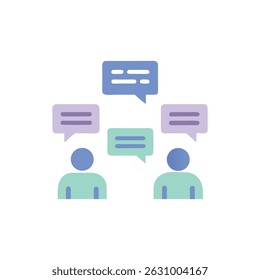 Flat design illustration featuring two people communicating with speech bubbles above them in pastel tones on a White Background.