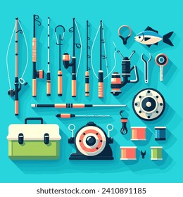 eine flache Design-Illustration mit verschiedenen Fischereigeräten