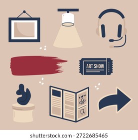 A flat design illustration featuring various icons related to art shows and cultural events, including a picture frame, spotlight, headphones, paint stroke, ticket, sculpture, newspaper, and an arrow.