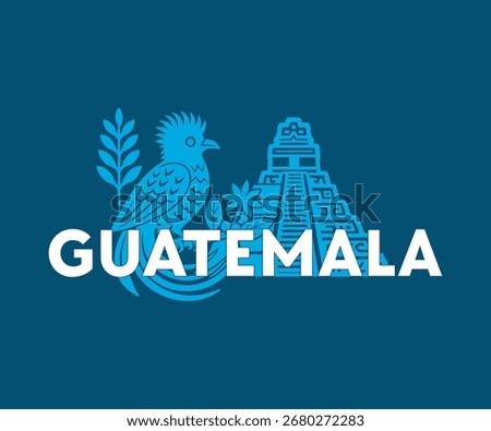 Flat design illustration featuring the word Guatemala with the quetzal bird and a Mayan pyramid, symbolizing culture, heritage, and tourism in Central America. Perfect for travel promotion.