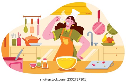 Flat design illustration with female chef, cooking in kitchen. She is tasting the food while being surrounded by various cooking utensils, ingredients and appliances.