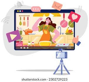 Flat design illustration with female cooking vlogger, standing in kitchen. She is tasting the food while being surrounded by various cooking utensils, ingredients and appliances.