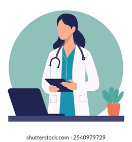 Flat Design Illustration of a Female Doctor with Stethoscope, Standing at Desk with Laptop and Clipboard. Vector Art Representing Healthcare, Medical Consultation, and Professional Medical Services